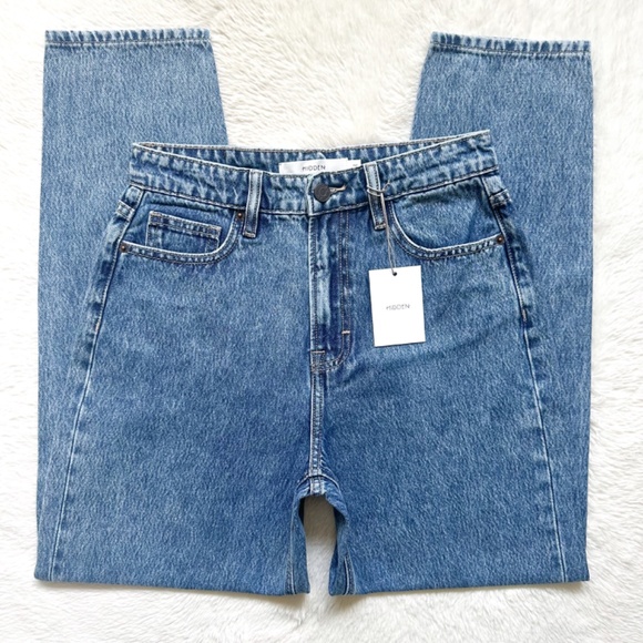 HIDDEN Zoey Tapered Mom High Rise Ankle Crop Acid Wash 100% Cotton Jeans - Picture 2 of 12
